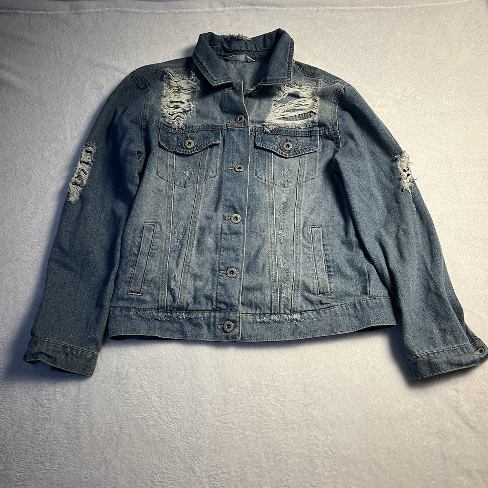 Highway Womens Denim Jacket Medium Y2K Distressed Biker‎ Rodeo Light Wash Hippie